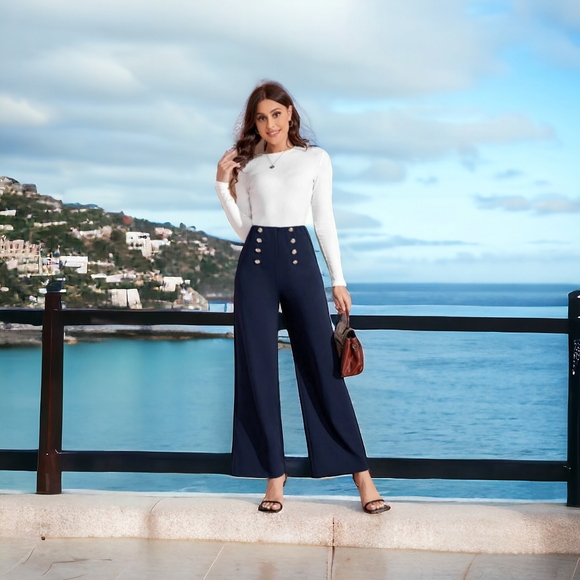 New Sailor Casual Wide Leg Pants with gold  front Buttons 👖 💙⛴️ - Picture 3 of 9